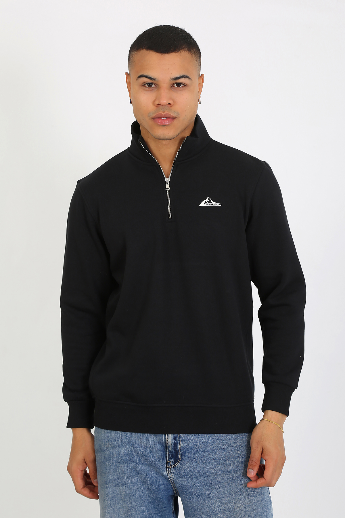 Premium Kalite Üç Iplik Yarım Fermuarlı Relax Fit Siyah Sweatshırt - Görsel 8