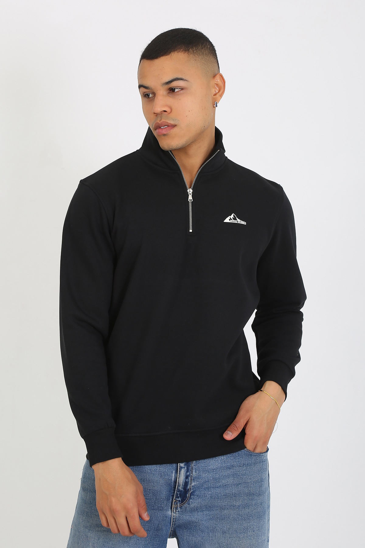 Premium Kalite Üç Iplik Yarım Fermuarlı Relax Fit Siyah Sweatshırt - Görsel 6