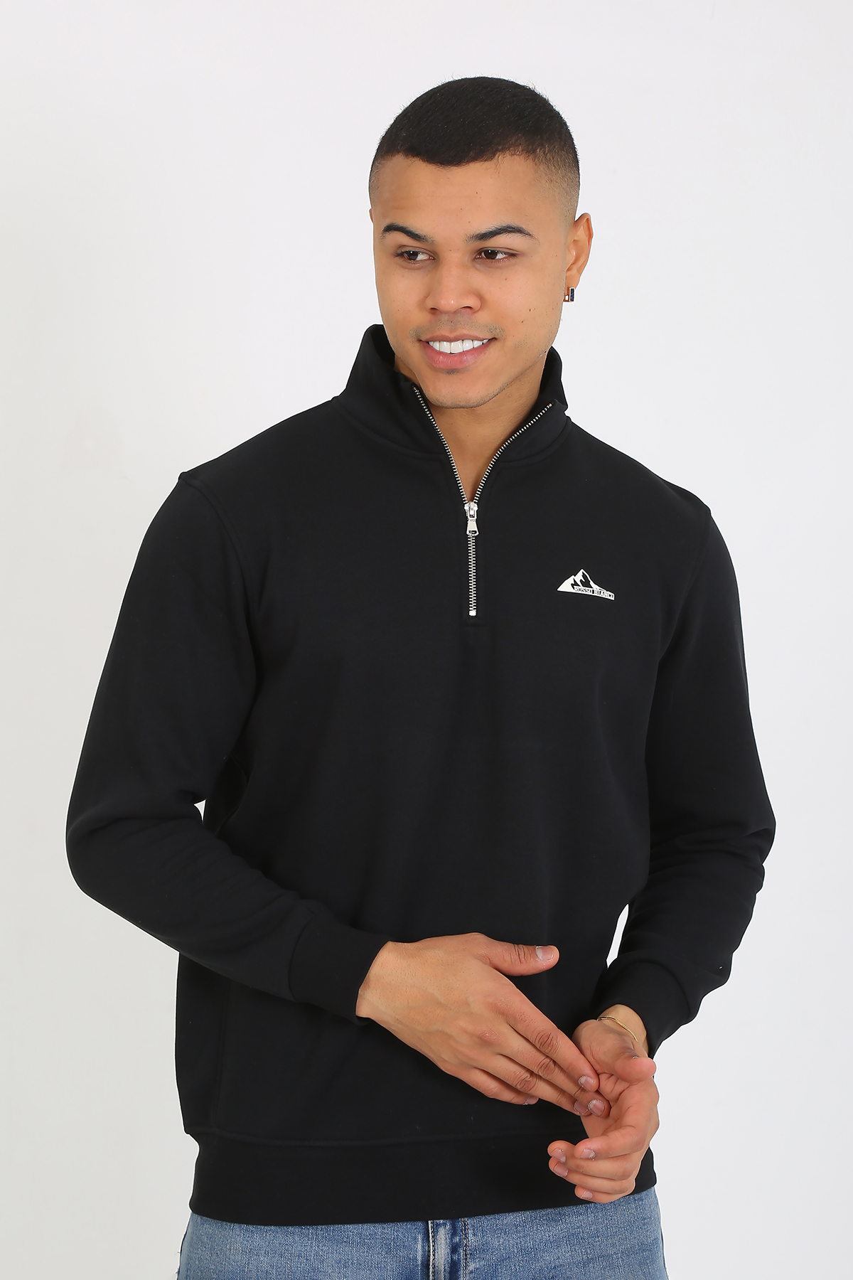 Premium Kalite Üç Iplik Yarım Fermuarlı Relax Fit Siyah Sweatshırt - Görsel 4