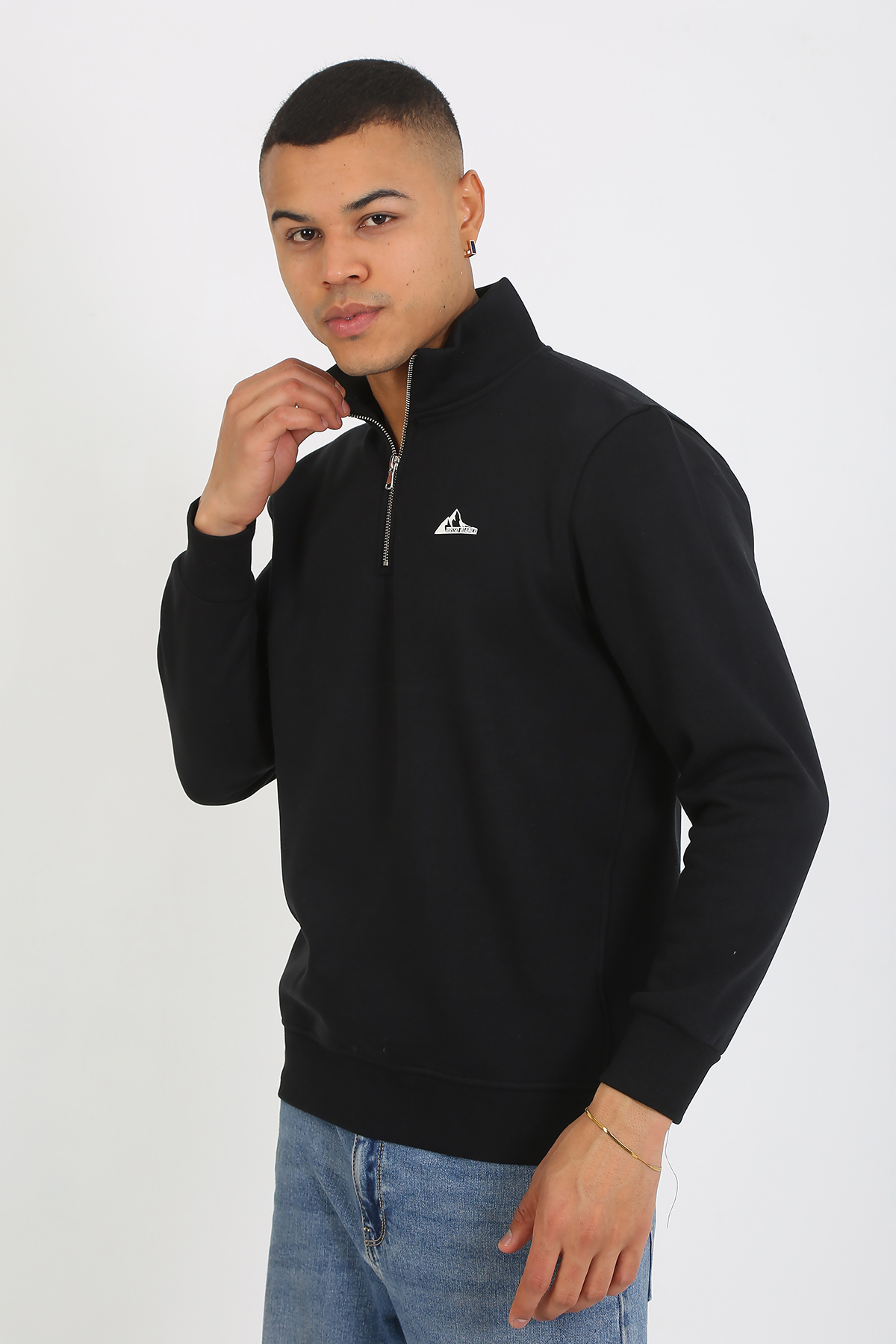 Premium Kalite Üç Iplik Yarım Fermuarlı Relax Fit Siyah Sweatshırt - Görsel 3