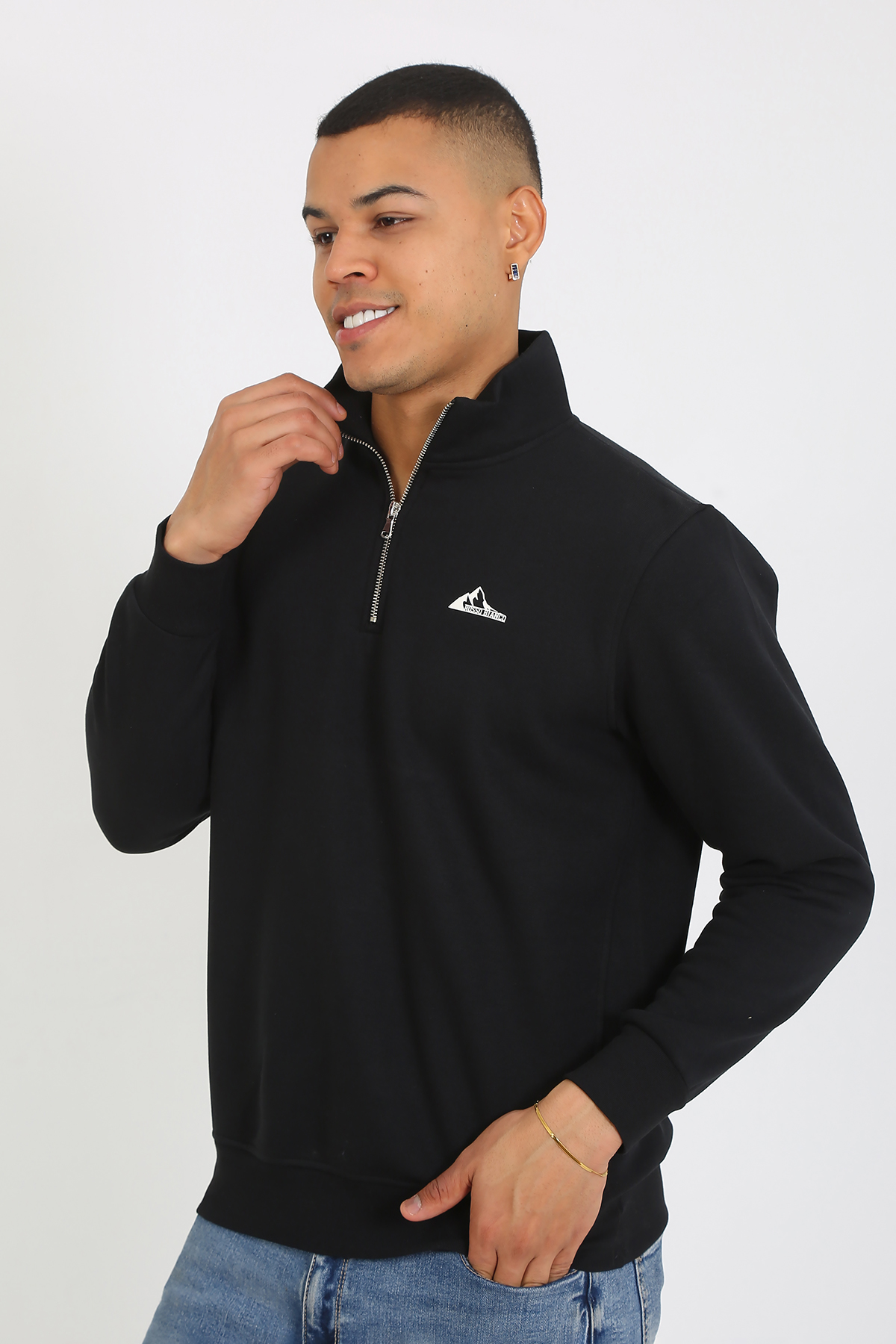 Premium Kalite Üç Iplik Yarım Fermuarlı Relax Fit Siyah Sweatshırt