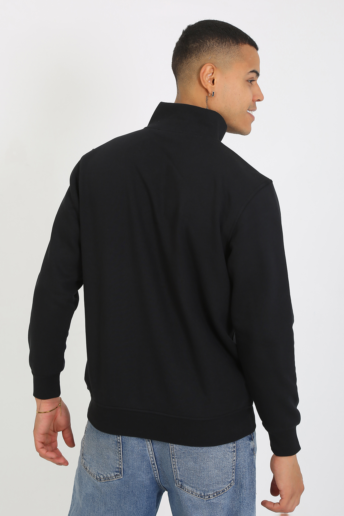 Premium Kalite Üç Iplik Yarım Fermuarlı Relax Fit Siyah Sweatshırt - Görsel 10