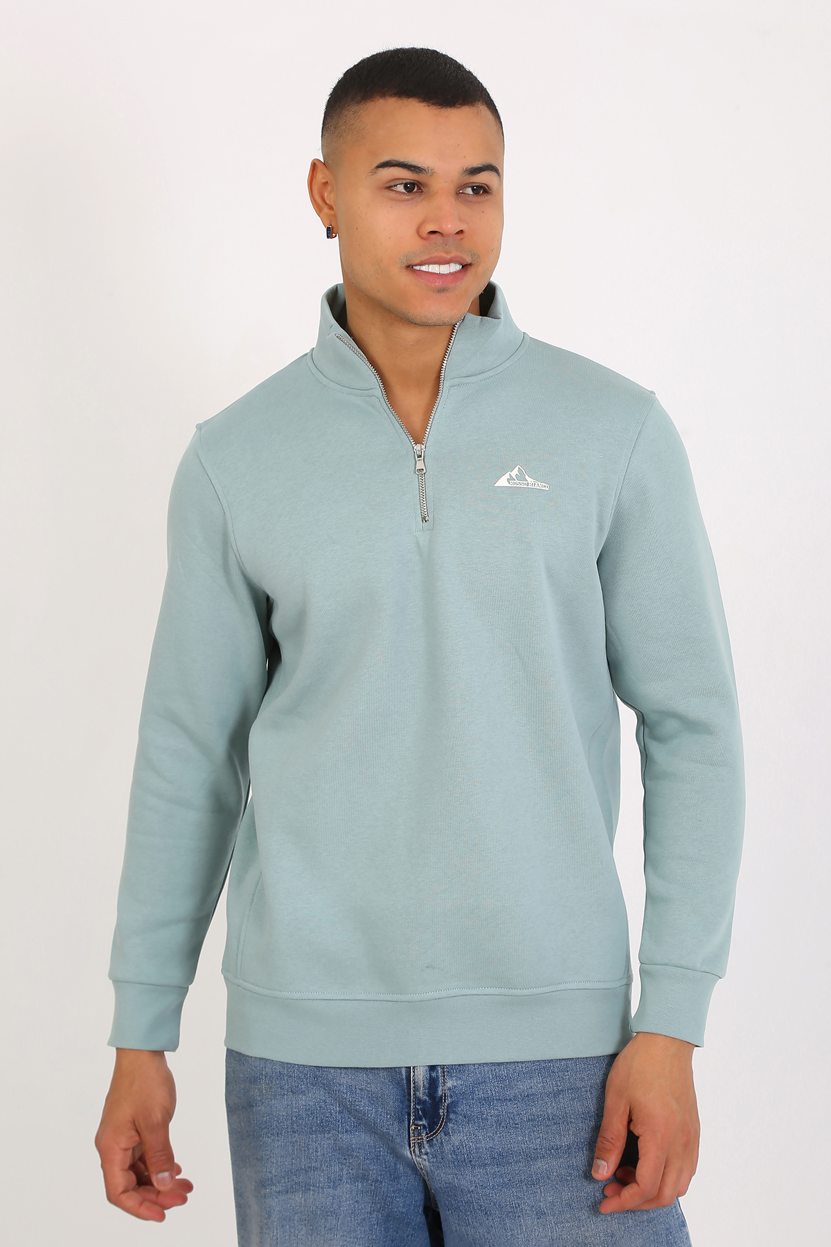 Premium Kalite Üç Iplik Yarım Fermuarlı Relax Fit Mint Sweatshırt - Görsel 2
