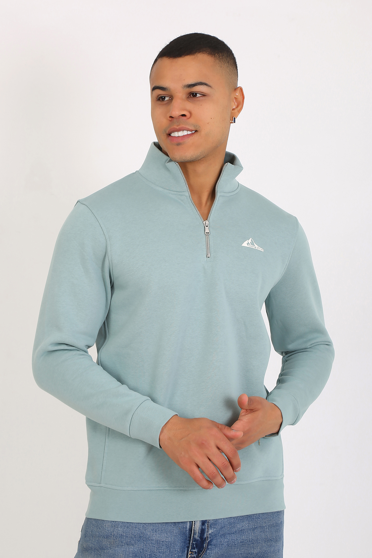 Premium Kalite Üç Iplik Yarım Fermuarlı Relax Fit Mint Sweatshırt - Görsel 3