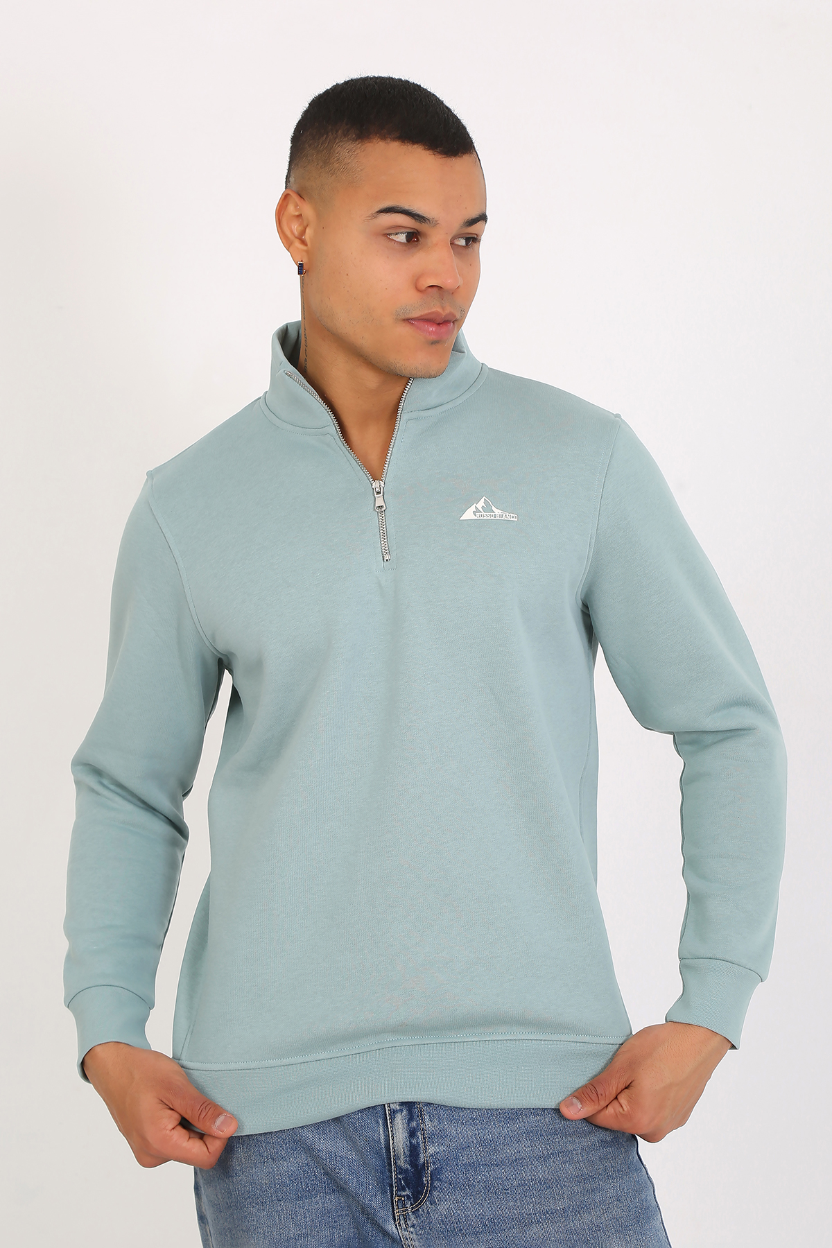 Premium Kalite Üç Iplik Yarım Fermuarlı Relax Fit Mint Sweatshırt - Görsel 4