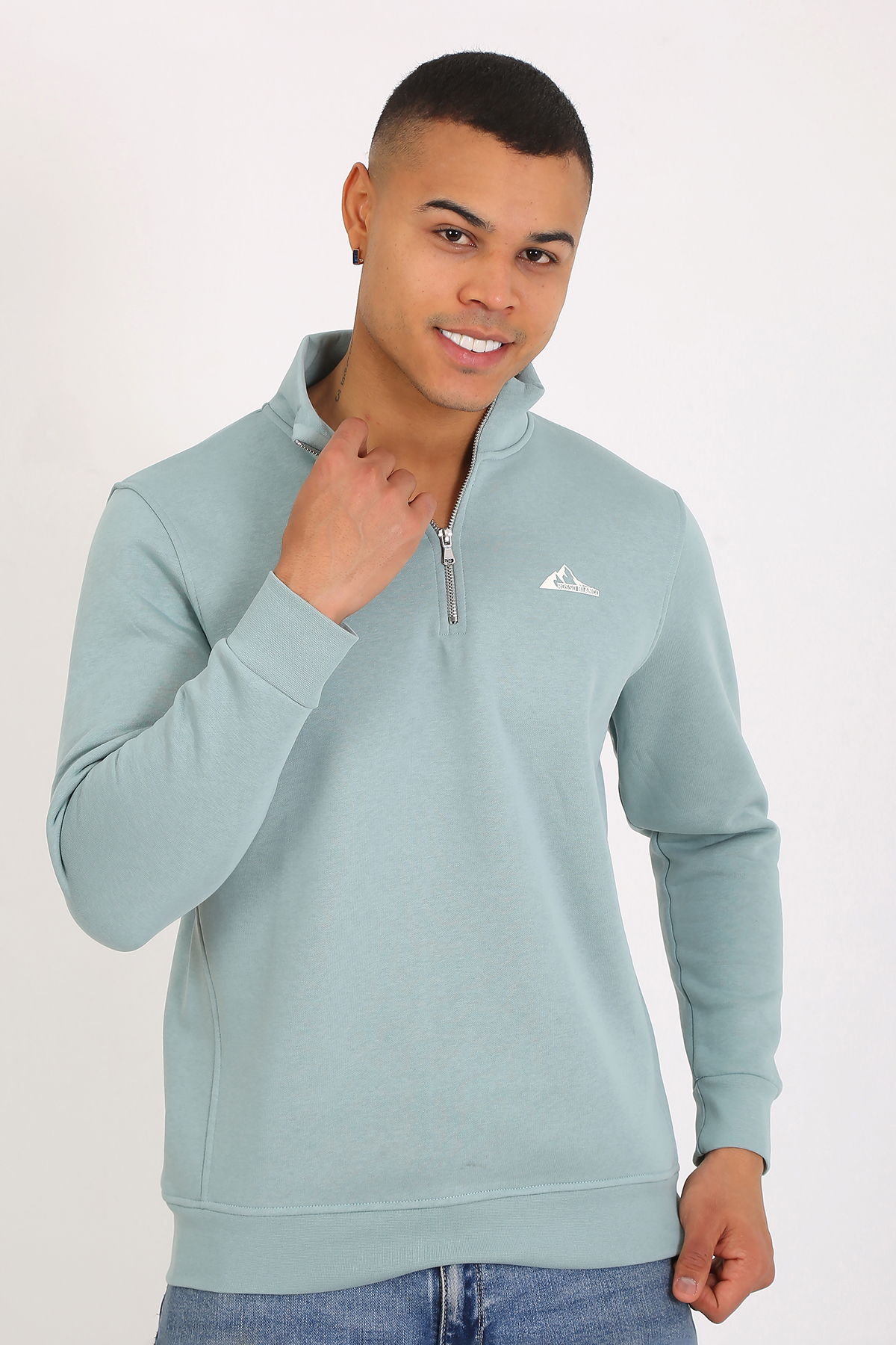 Premium Kalite Üç Iplik Yarım Fermuarlı Relax Fit Mint Sweatshırt - Görsel 5
