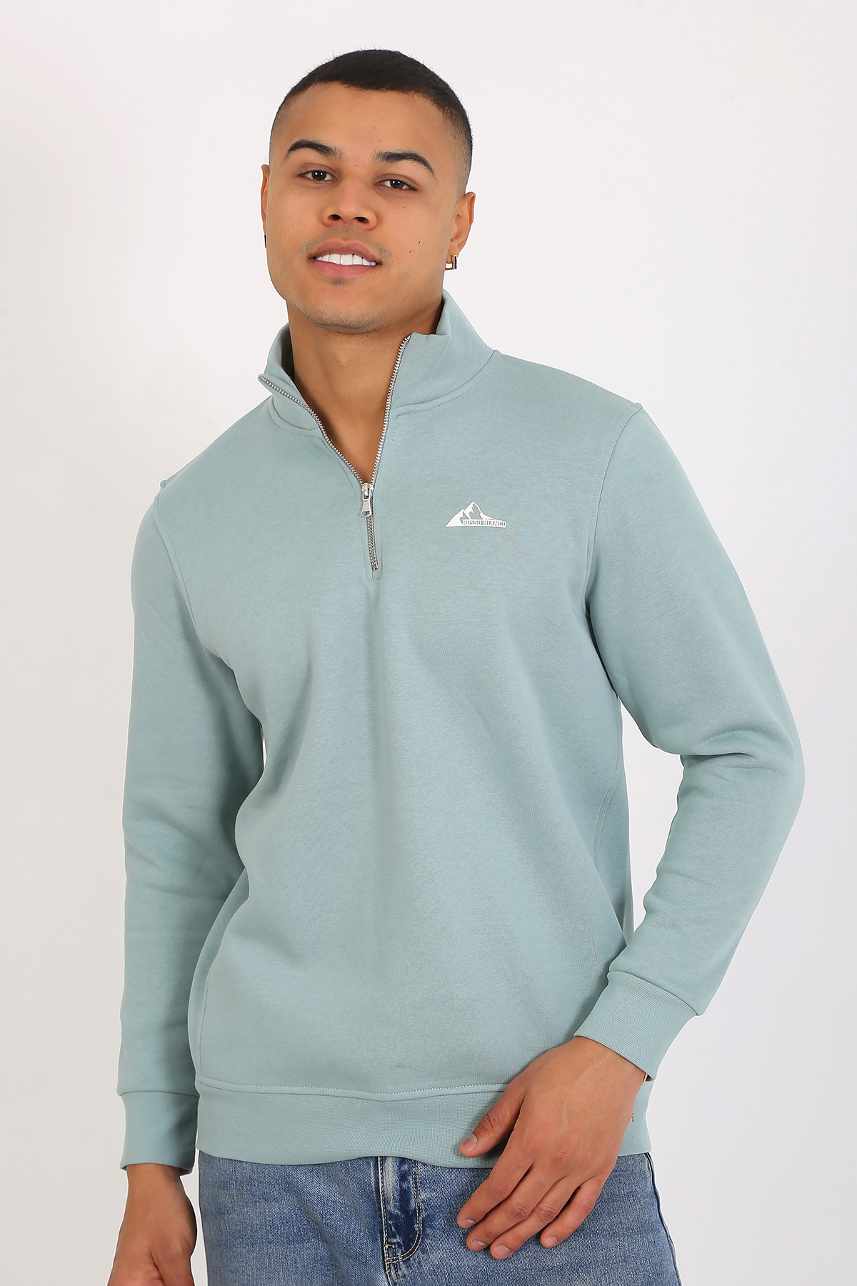 Premium Kalite Üç Iplik Yarım Fermuarlı Relax Fit Mint Sweatshırt - Görsel 6