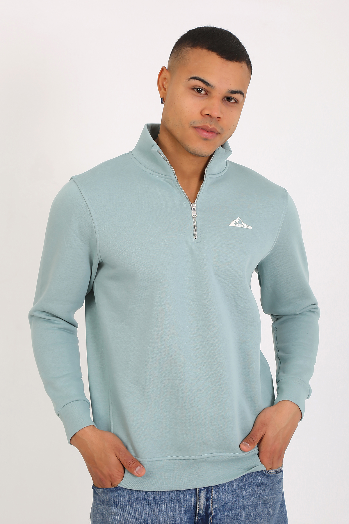 Premium Kalite Üç Iplik Yarım Fermuarlı Relax Fit Mint Sweatshırt