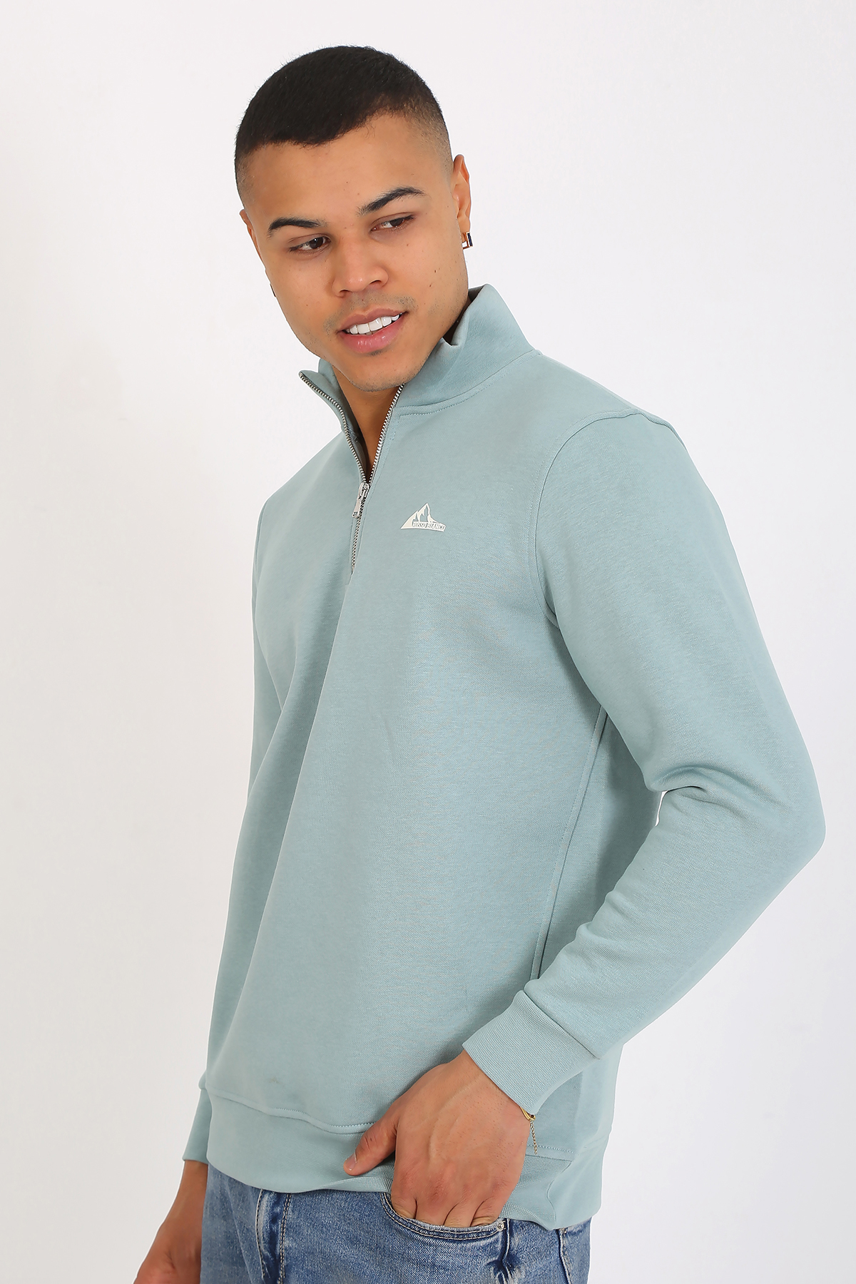 Premium Kalite Üç Iplik Yarım Fermuarlı Relax Fit Mint Sweatshırt - Görsel 8