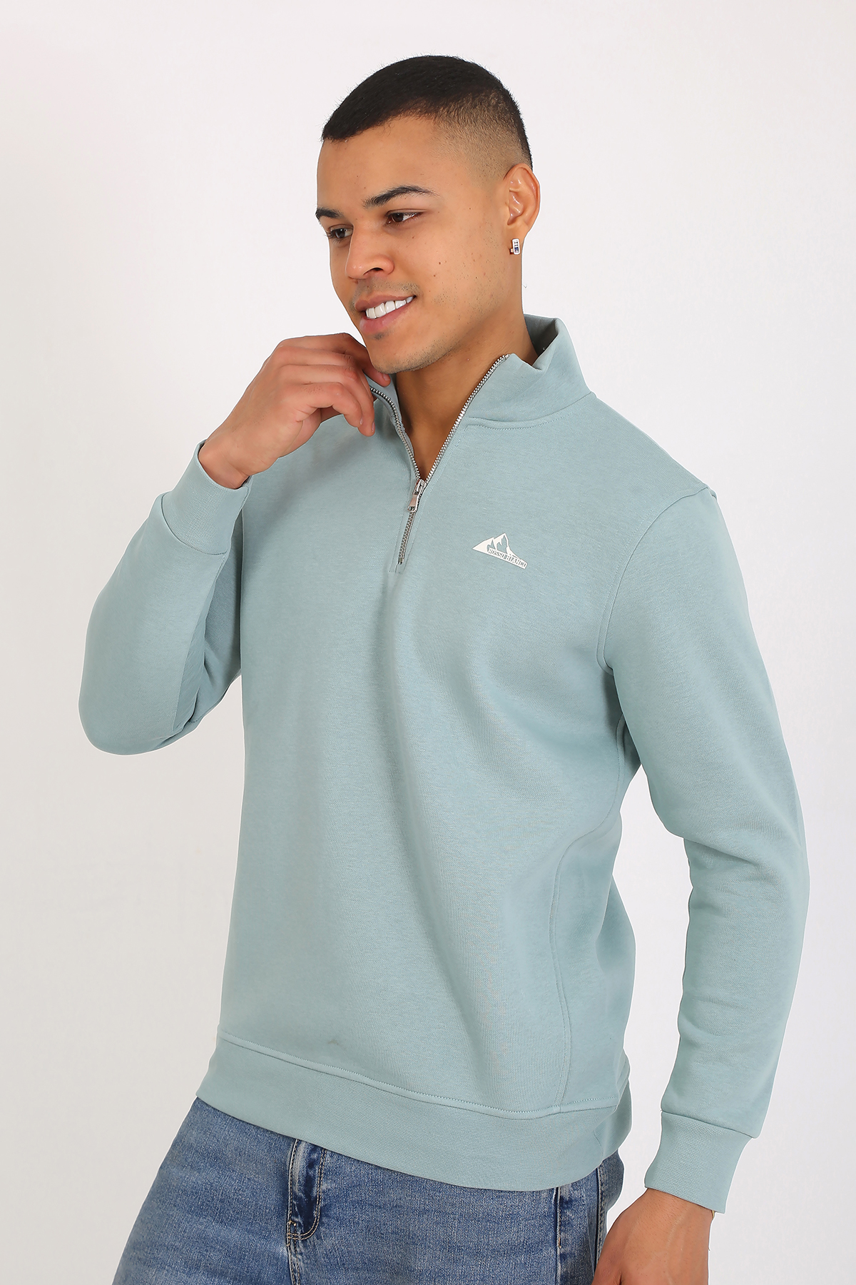 Premium Kalite Üç Iplik Yarım Fermuarlı Relax Fit Mint Sweatshırt - Görsel 9